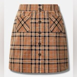Torrid Corduroy Button Front Brown & Black Plaid Skirt